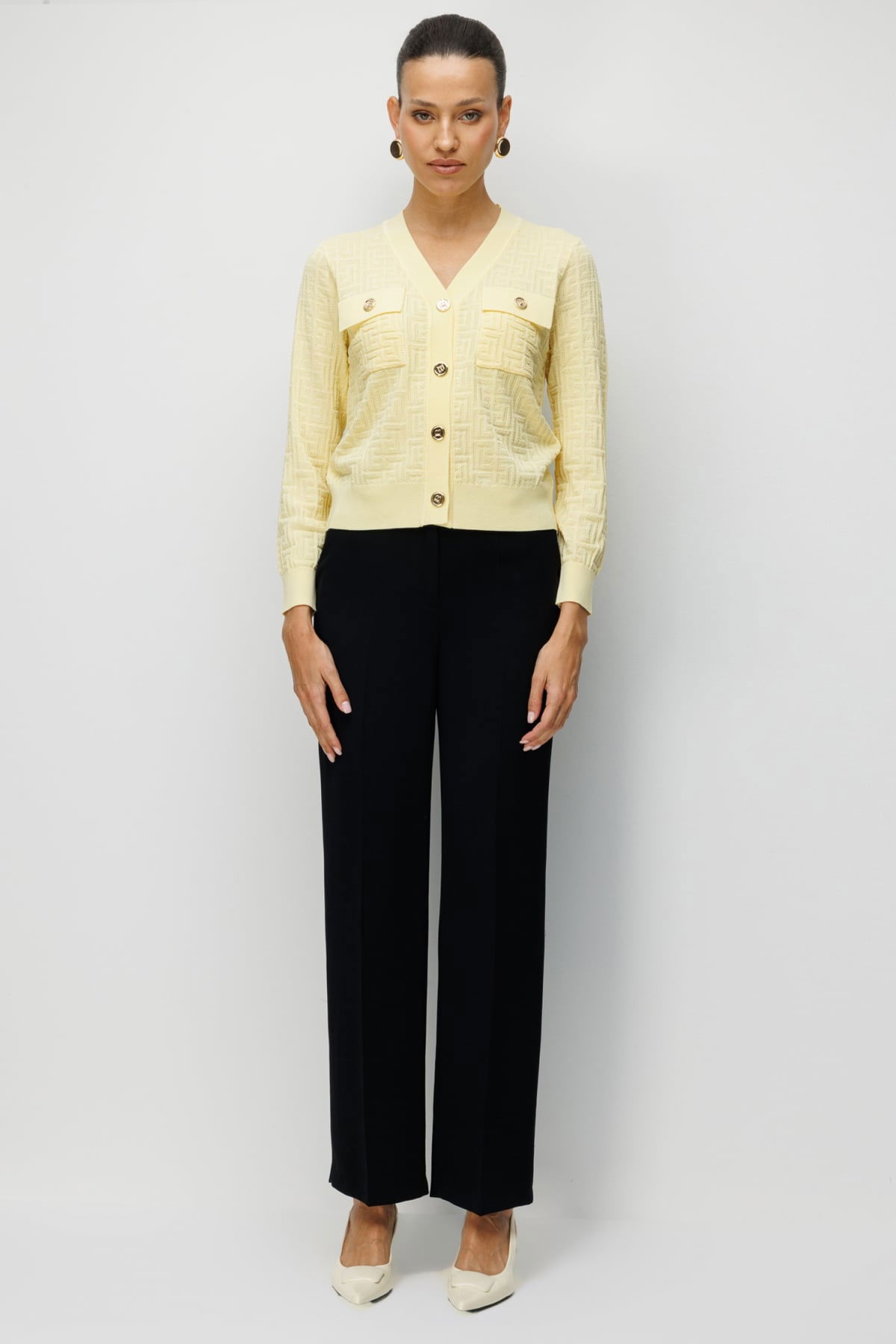 On Kadın Kapak Cepli V Yaka Hırka 70913 Sarı - 3