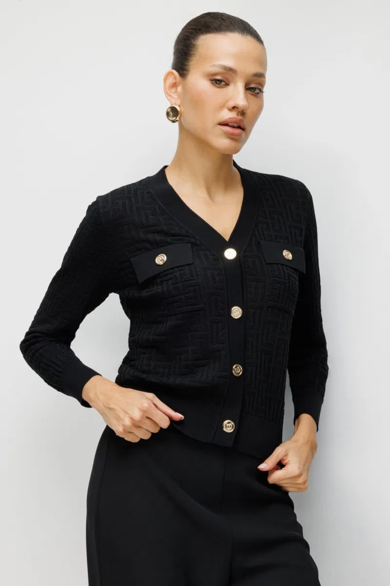 On Kadın Kapak Cepli V Yaka Hırka 70913 Siyah - On