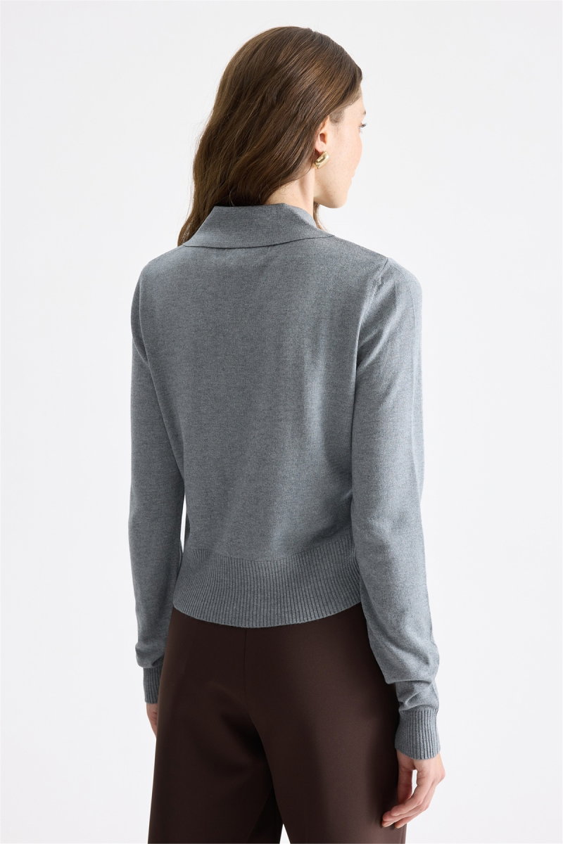 On Kadın Kare Desenli Süs Düğmeli Triko Kazak 15328 Gri - 5