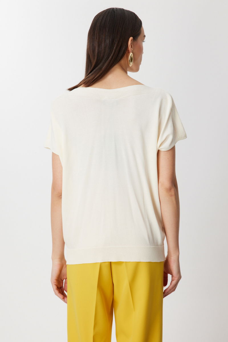 On Kadın Kayık Yaka Kısa Kollu Bluz 76370 Ekru - 4