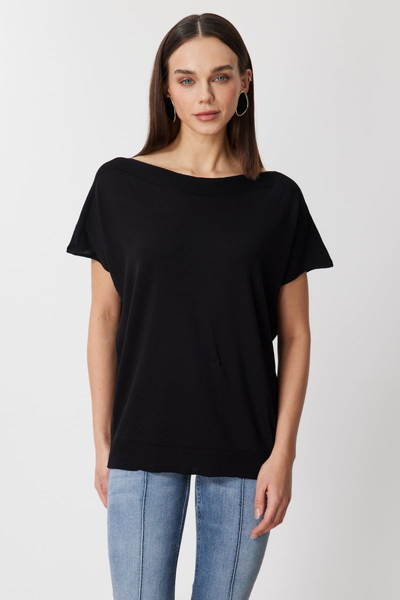 On Kadın Kayık Yaka Kısa Kollu Bluz 76370 Siyah - On