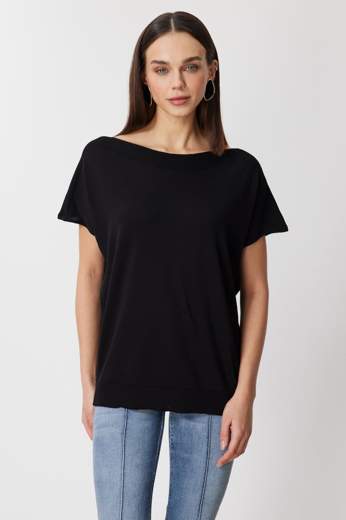 On Kadın Kayık Yaka Kısa Kollu Bluz 76370 Siyah - 1