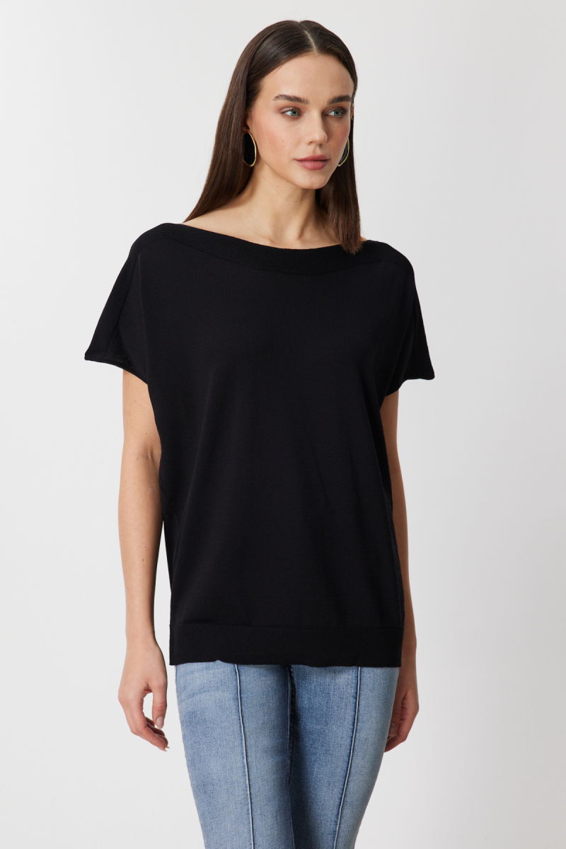 On Kadın Kayık Yaka Kısa Kollu Bluz 76370 Siyah - 2