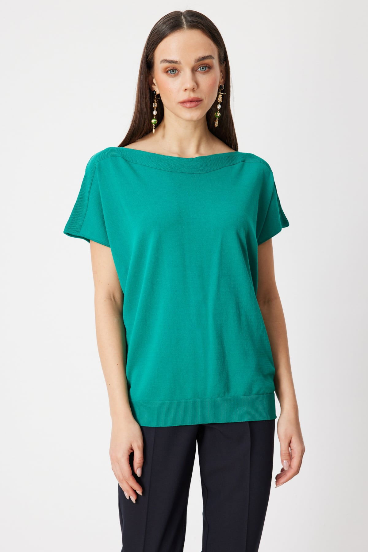 On Kadın Kayık Yaka Kısa Kollu Bluz 76370 Yeşil - 1