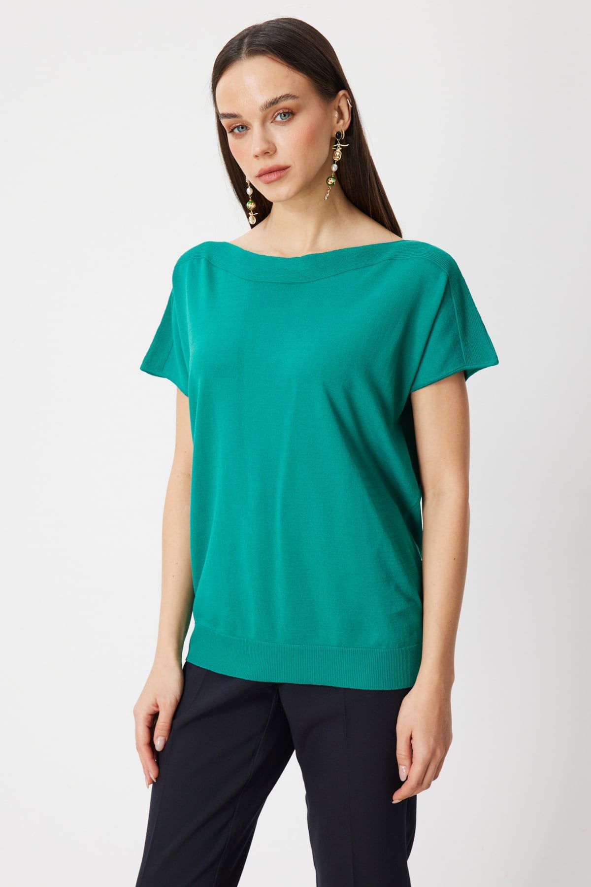 On Kadın Kayık Yaka Kısa Kollu Bluz 76370 Yeşil - 2