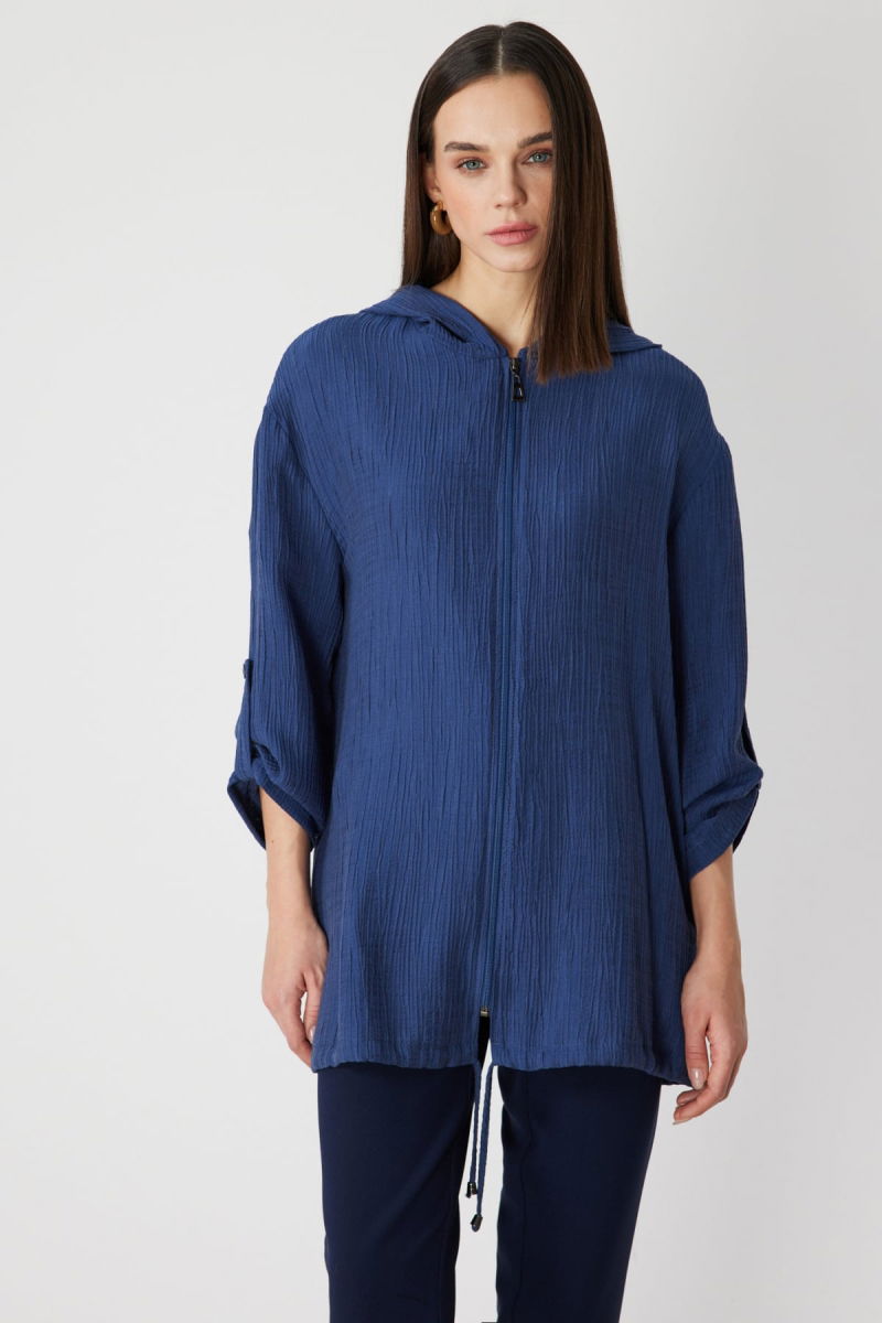 On Kadın Kendinden Desenli Kapüşonlu Hırka 72701 Indigo - On