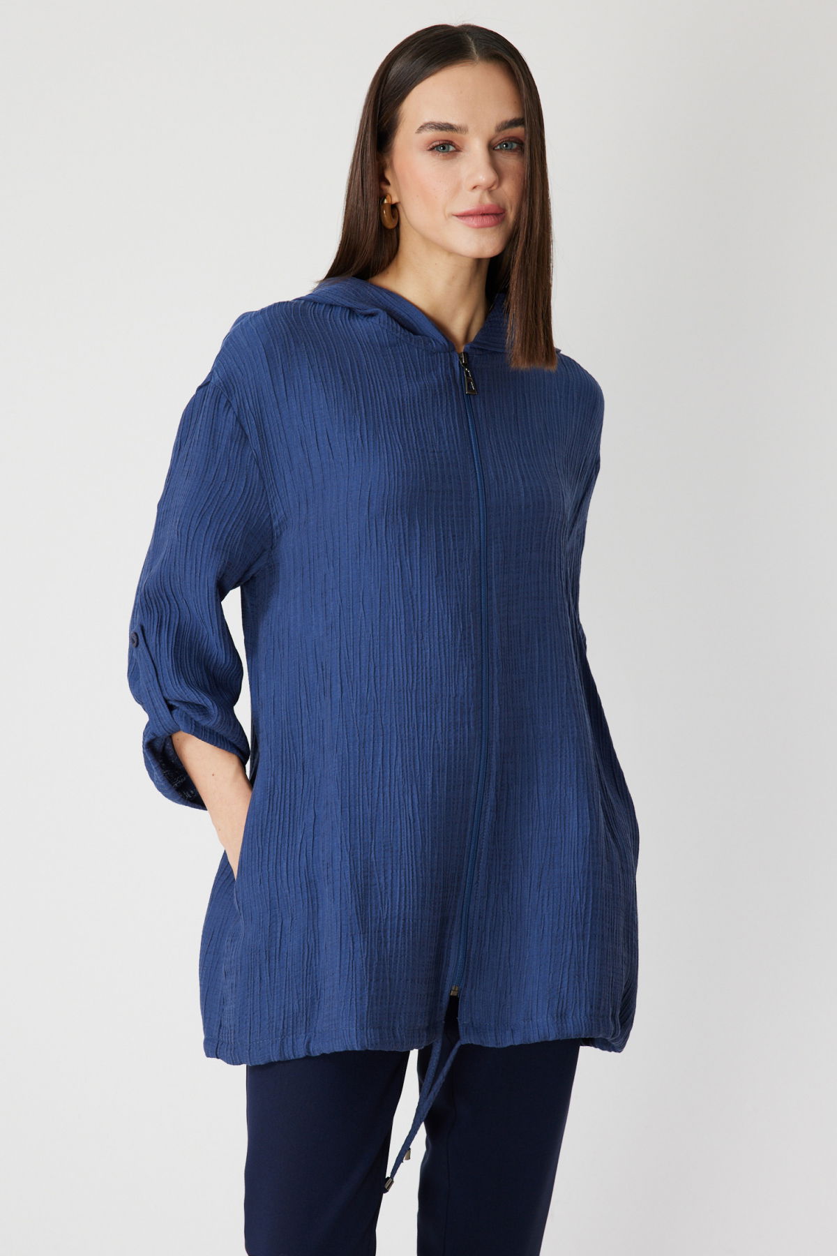 On Kadın Kendinden Desenli Kapüşonlu Hırka 72701 Indigo - 2