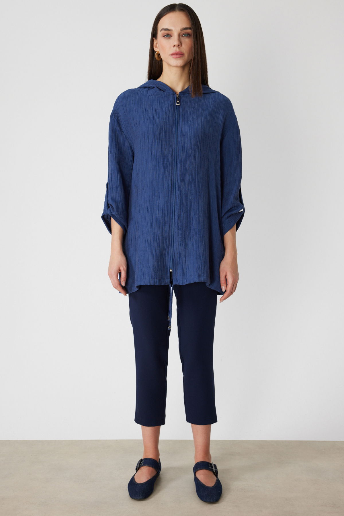 On Kadın Kendinden Desenli Kapüşonlu Hırka 72701 Indigo - 3