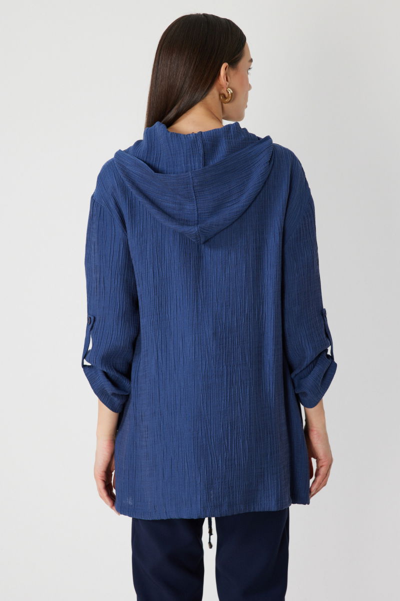 On Kadın Kendinden Desenli Kapüşonlu Hırka 72701 Indigo - 4