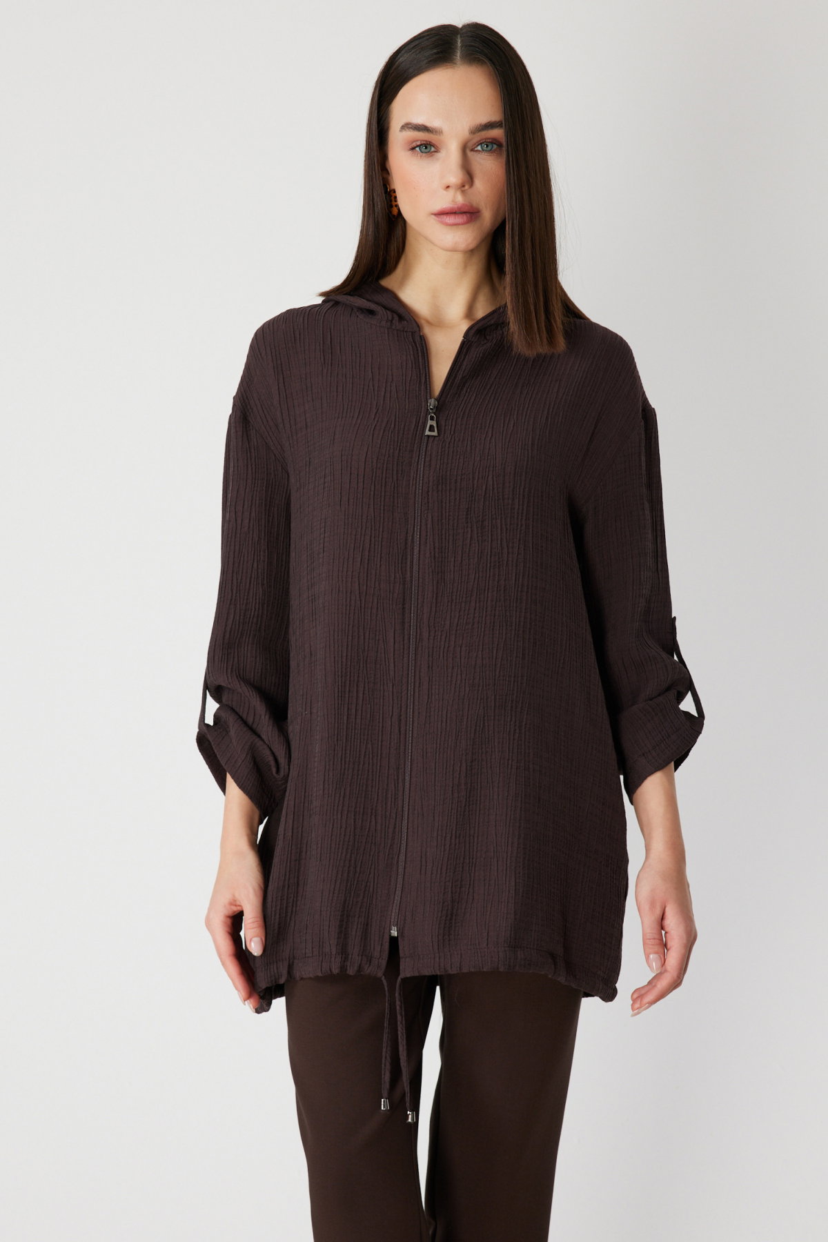 On Kadın Kendinden Desenli Kapüşonlu Hırka 72701 Kahverengi - 1