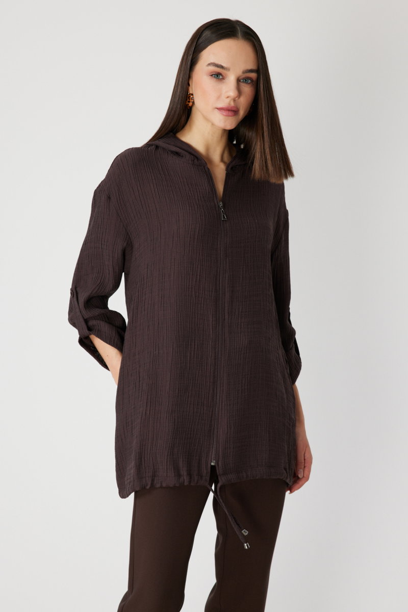 On Kadın Kendinden Desenli Kapüşonlu Hırka 72701 Kahverengi - 2