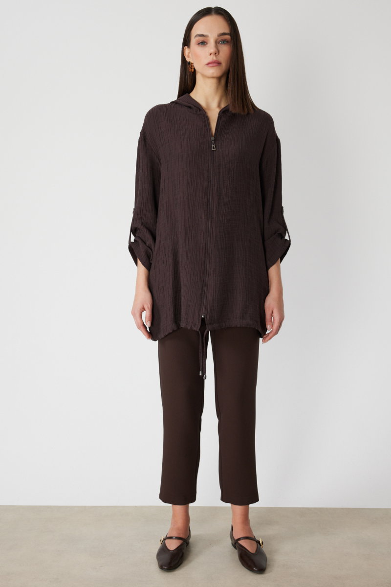 On Kadın Kendinden Desenli Kapüşonlu Hırka 72701 Kahverengi - 3