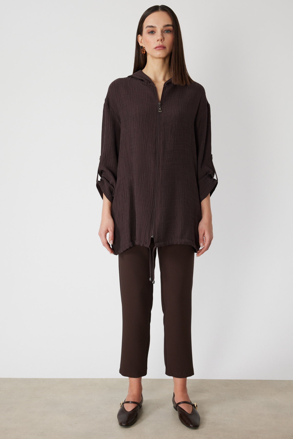 On Kadın Kendinden Desenli Kapüşonlu Hırka 72701 Kahverengi - 3