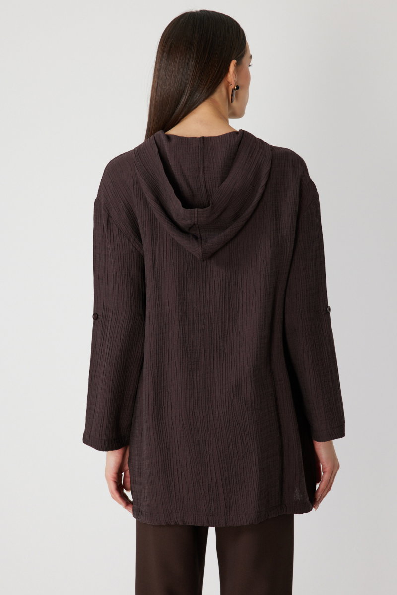 On Kadın Kendinden Desenli Kapüşonlu Hırka 72701 Kahverengi - 4