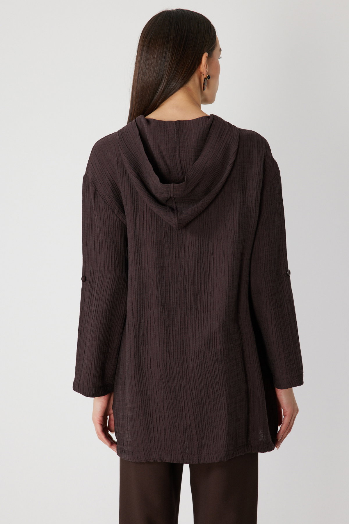 On Kadın Kendinden Desenli Kapüşonlu Hırka 72701 Kahverengi - 4