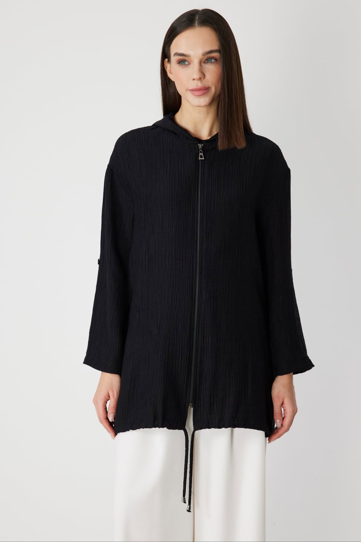 On Kadın Kendinden Desenli Kapüşonlu Hırka 72701 Siyah - 1