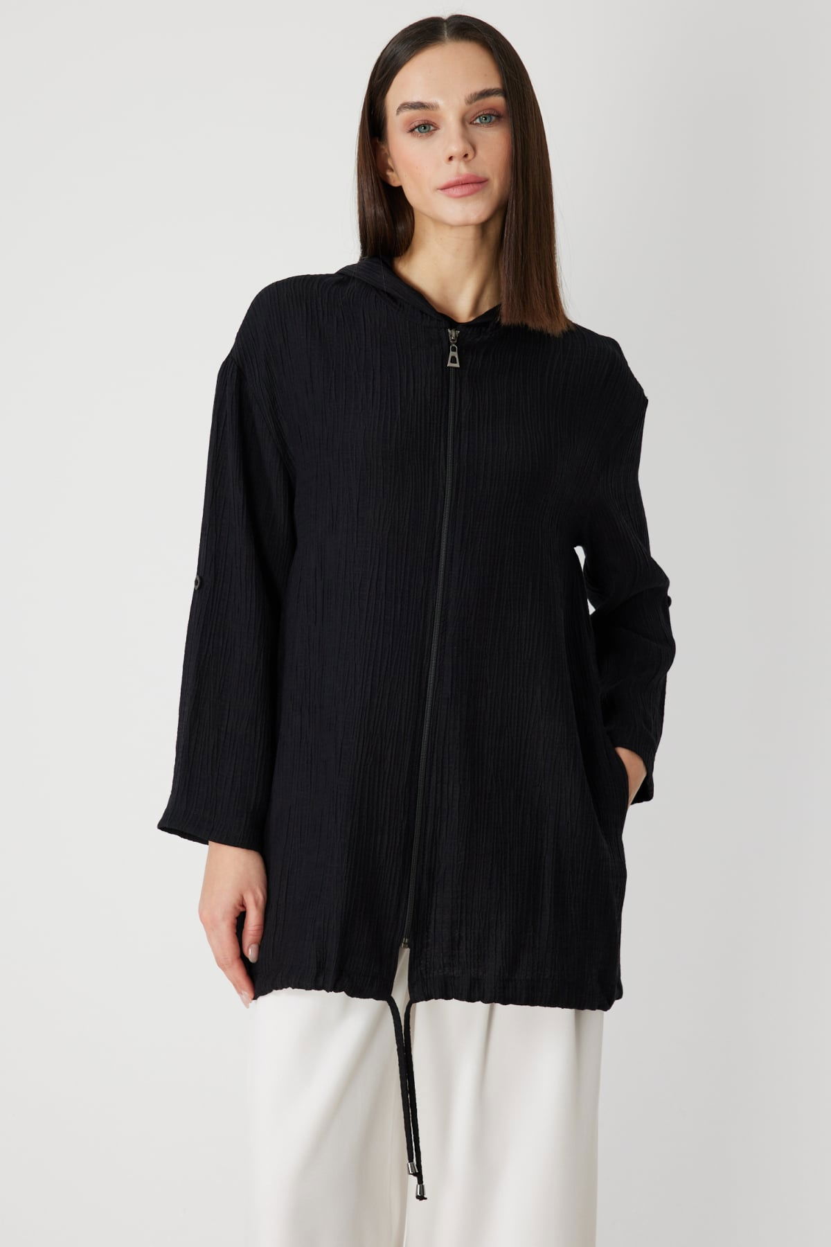 On Kadın Kendinden Desenli Kapüşonlu Hırka 72701 Siyah - 2