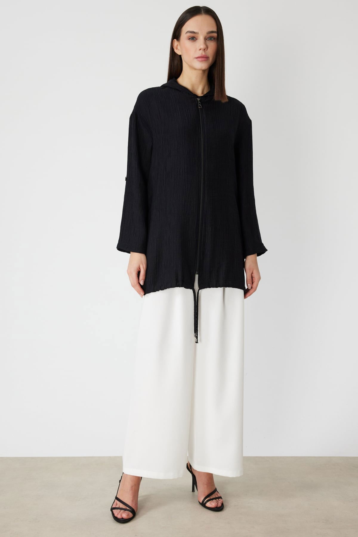 On Kadın Kendinden Desenli Kapüşonlu Hırka 72701 Siyah - 3