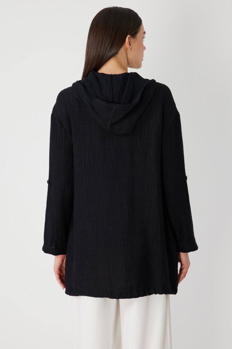 On Kadın Kendinden Desenli Kapüşonlu Hırka 72701 Siyah - 4