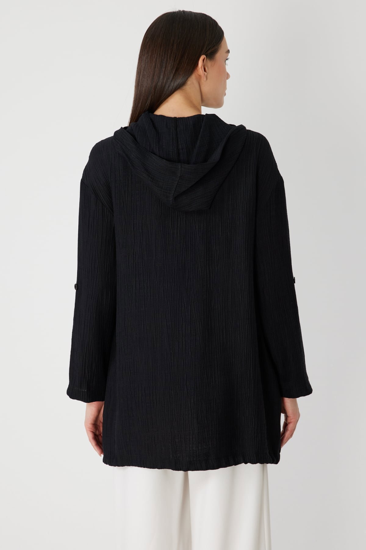 On Kadın Kendinden Desenli Kapüşonlu Hırka 72701 Siyah - 4