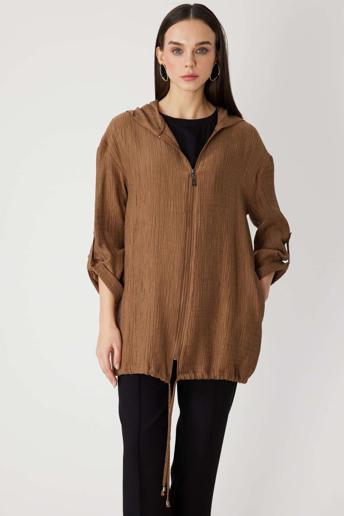 On Kadın Kendinden Desenli Kapüşonlu Hırka 72701 Vizon - 1