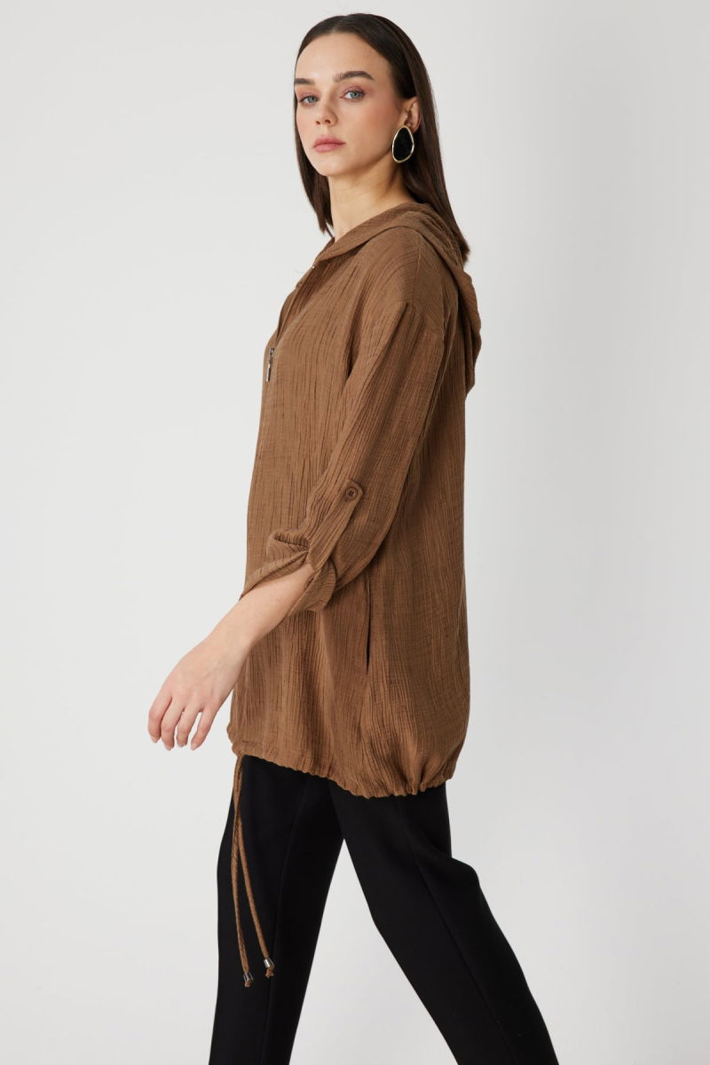 On Kadın Kendinden Desenli Kapüşonlu Hırka 72701 Vizon - 2