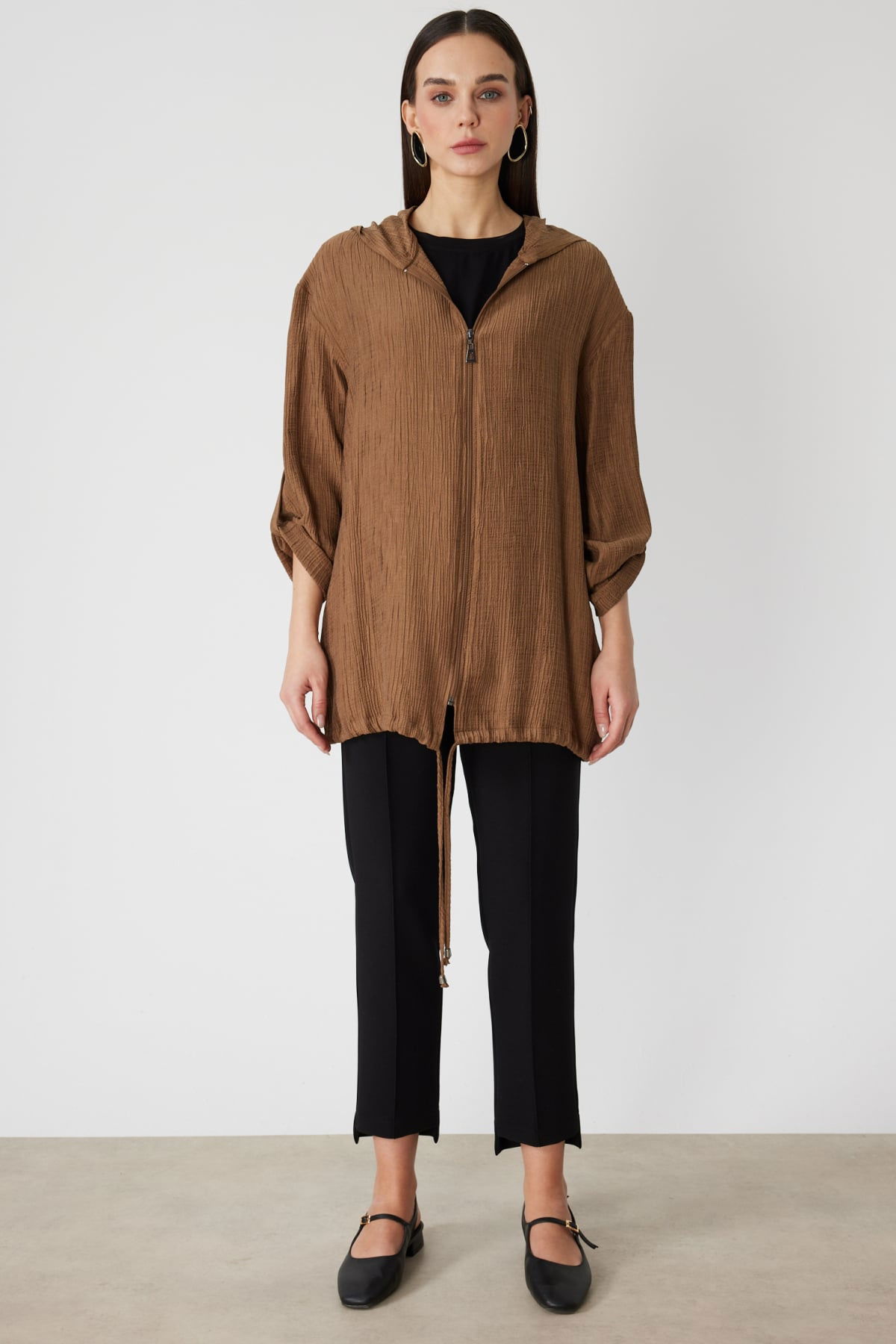 On Kadın Kendinden Desenli Kapüşonlu Hırka 72701 Vizon - 3