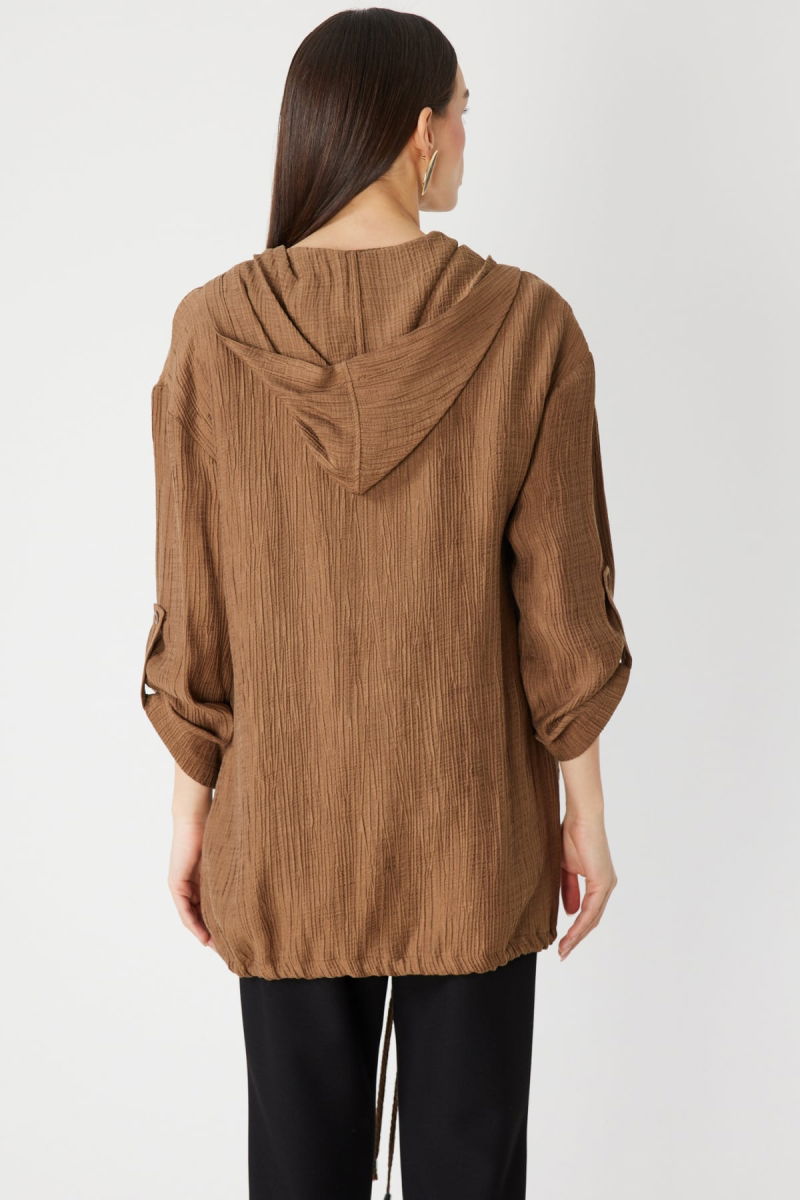 On Kadın Kendinden Desenli Kapüşonlu Hırka 72701 Vizon - 4