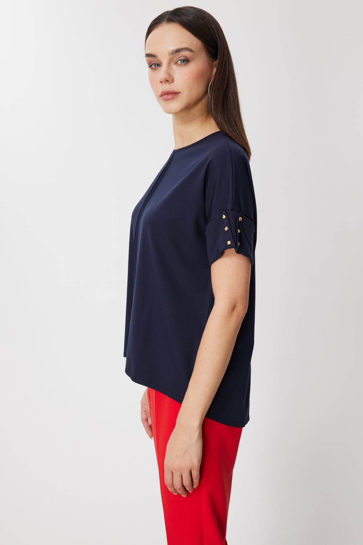 On Kadın Kolları Aksesuarlı Dikiş Detaylı Bluz 71332 Lacivert - 3