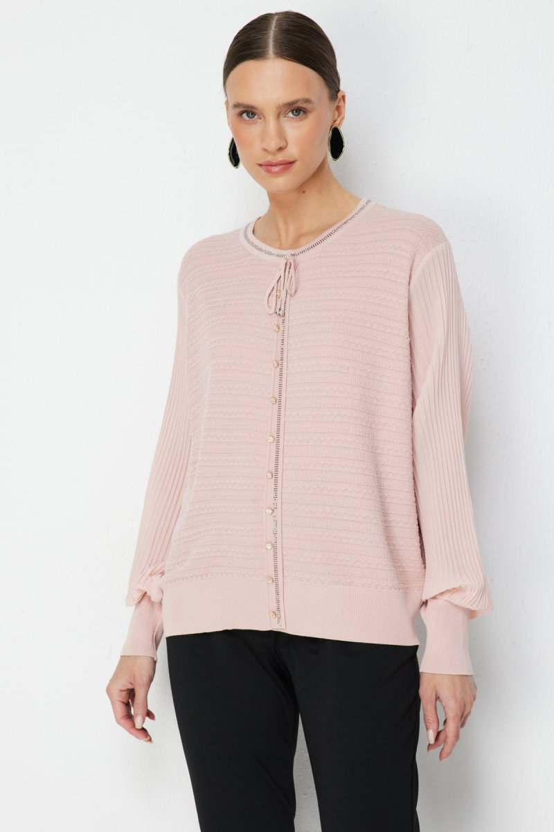 On Kadın Kolları Pileli Kumaşı Desenli Bluz 70449 Pembe - 2