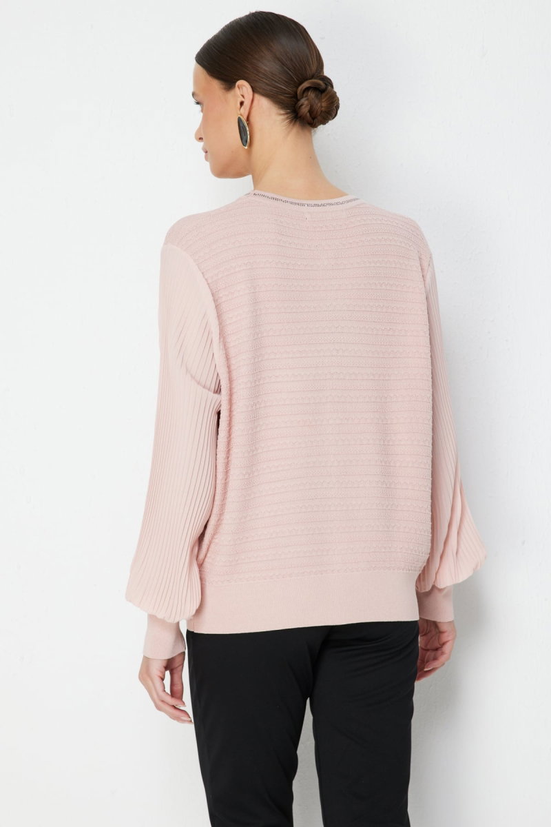 On Kadın Kolları Pileli Kumaşı Desenli Bluz 70449 Pembe - 4