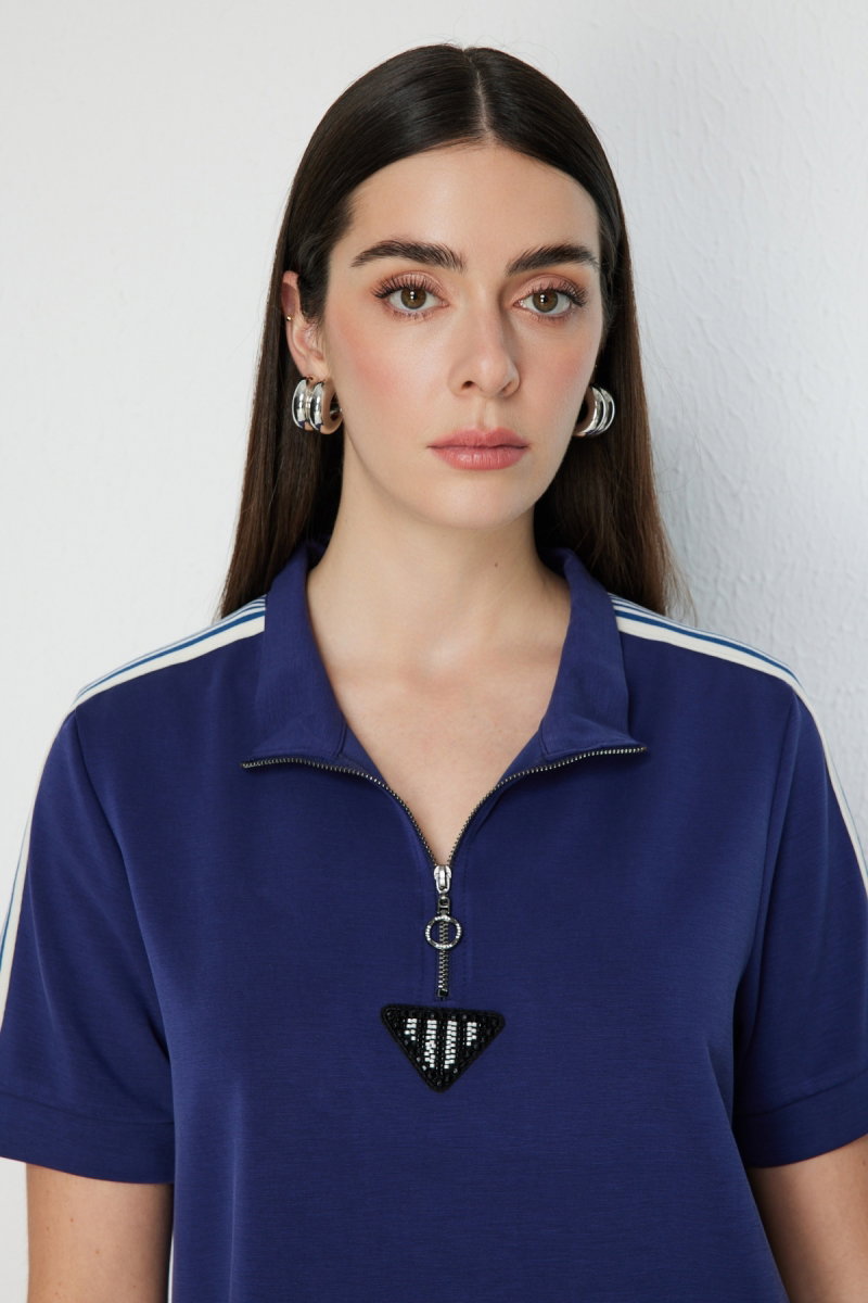 On Kadın Kolları Şeritli Taş İşlemeli Bluz 76335 Indigo - 2