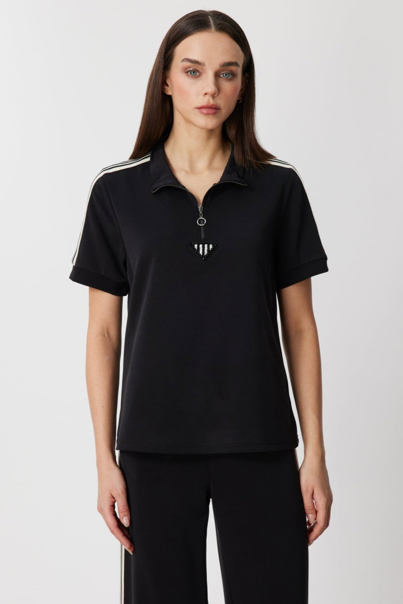 On Kadın Kolları Şeritli Taş İşlemeli Bluz 76335 Siyah - On