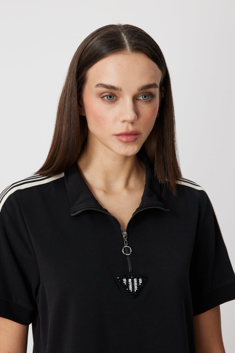 On Kadın Kolları Şeritli Taş İşlemeli Bluz 76335 Siyah - 2