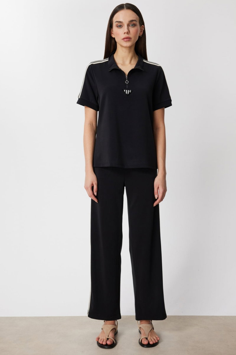 On Kadın Kolları Şeritli Taş İşlemeli Bluz 76335 Siyah - 3