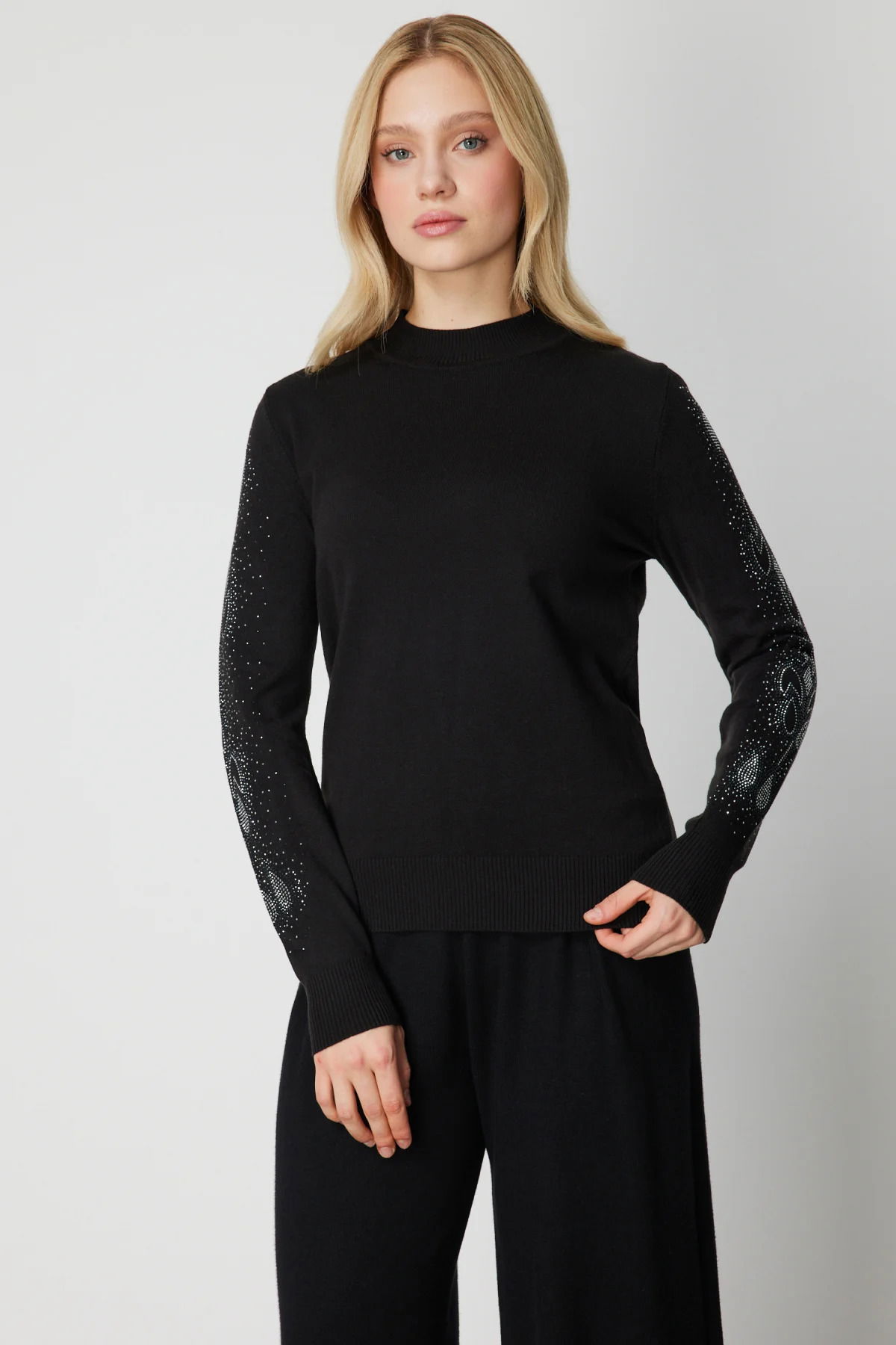 On Kadın Kolları Taş İşlemeli Triko Kazak 66345 Siyah - 1