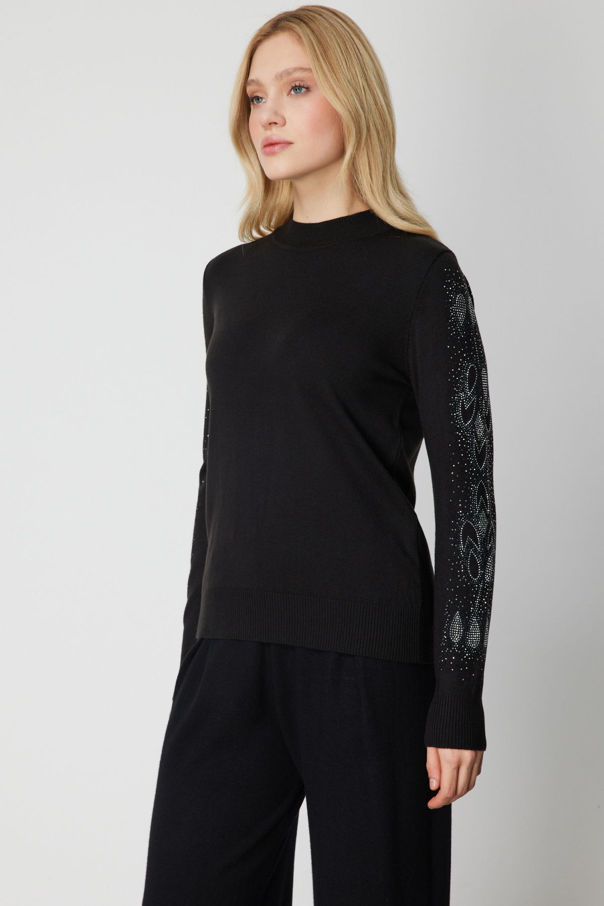On Kadın Kolları Taş İşlemeli Triko Kazak 66345 Siyah - 2