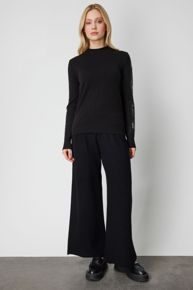 On Kadın Kolları Taş İşlemeli Triko Kazak 66345 Siyah - 3