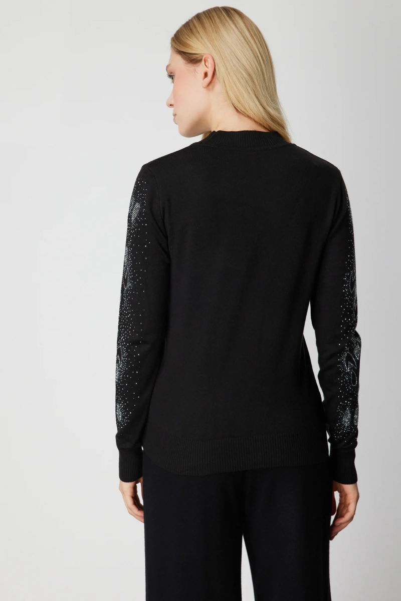 On Kadın Kolları Taş İşlemeli Triko Kazak 66345 Siyah - 4
