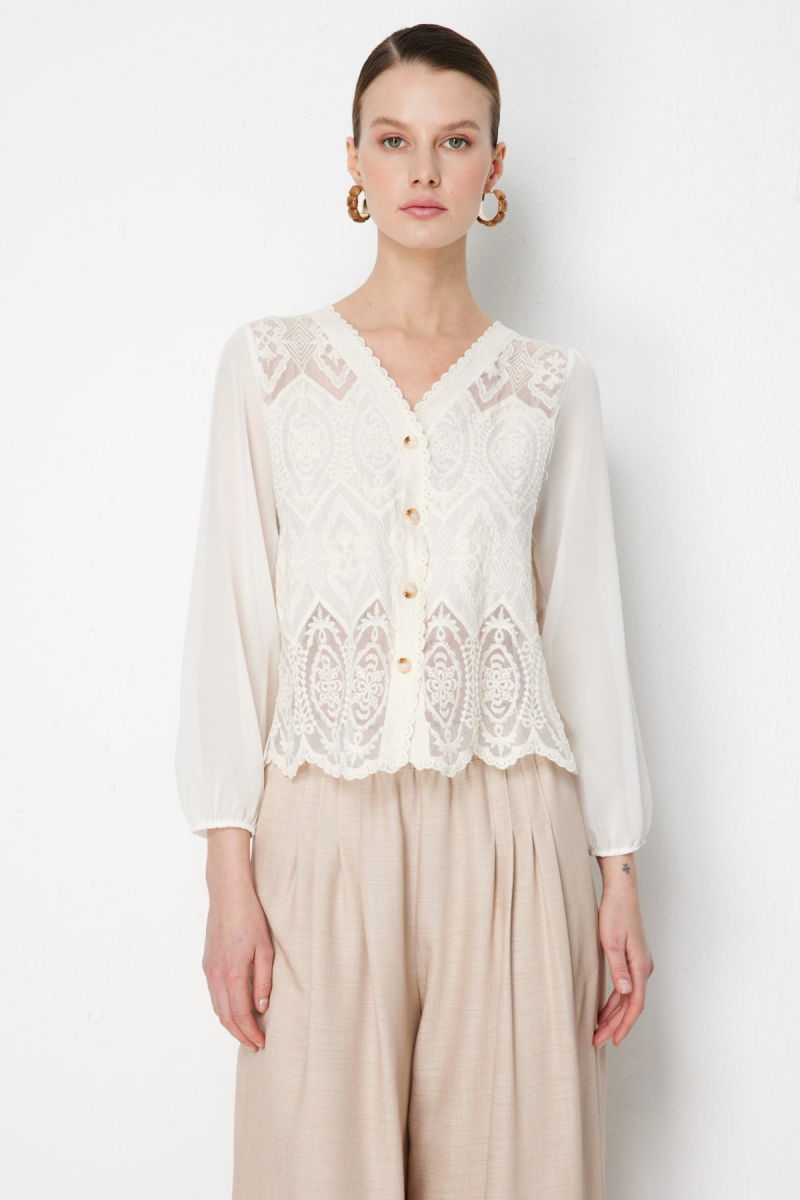 On Kadın Kolları Tül Dantelli Pamuklu Hırka 70931 Ekru - On