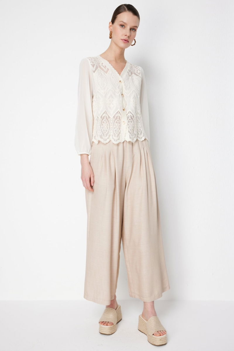 On Kadın Kolları Tül Dantelli Pamuklu Hırka 70931 Ekru - 3