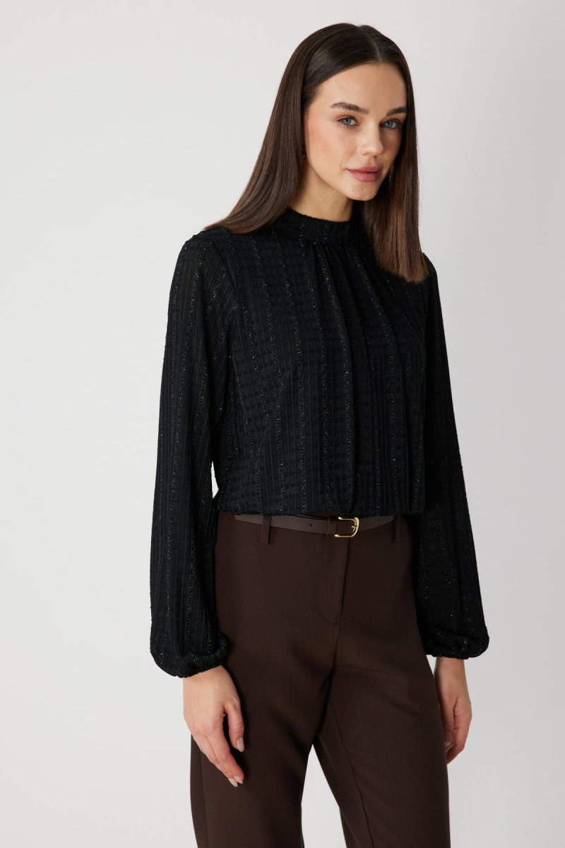 On Kadın Kumaşı Desenli Balon Kol Crop Bluz 72349 Siyah - 2