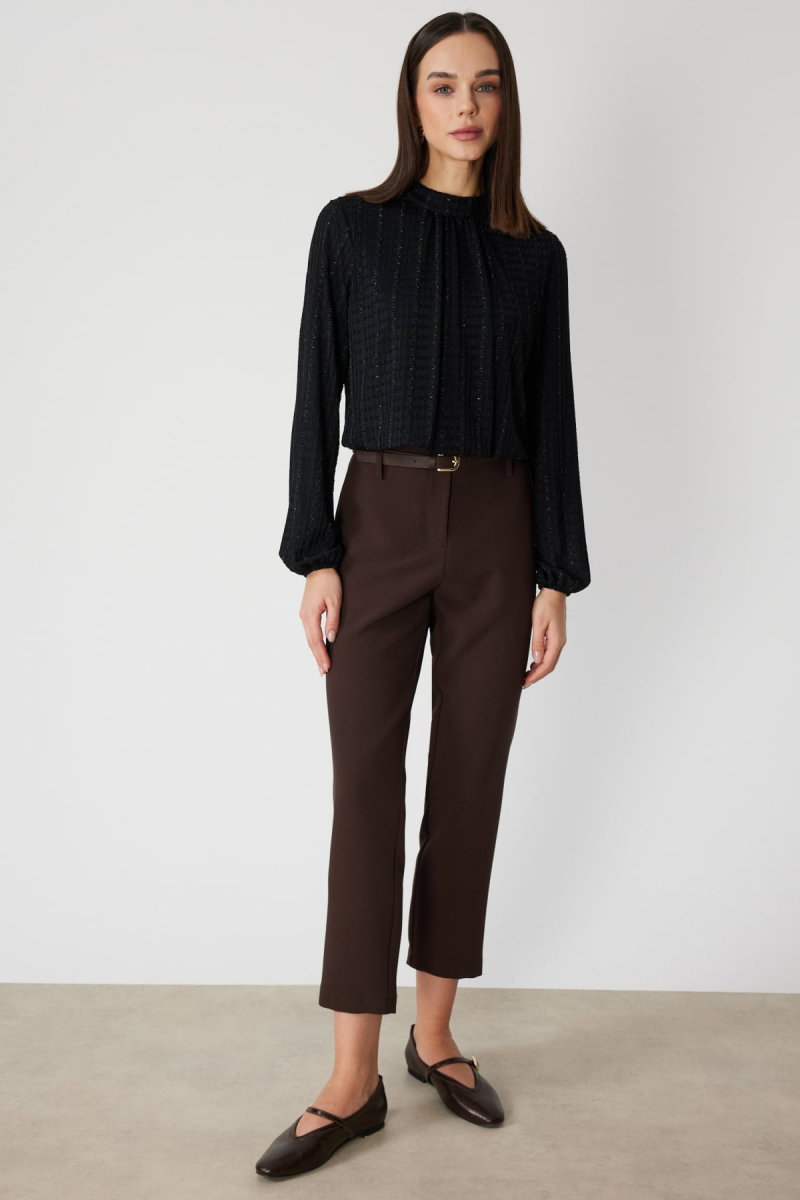 On Kadın Kumaşı Desenli Balon Kol Crop Bluz 72349 Siyah - 3