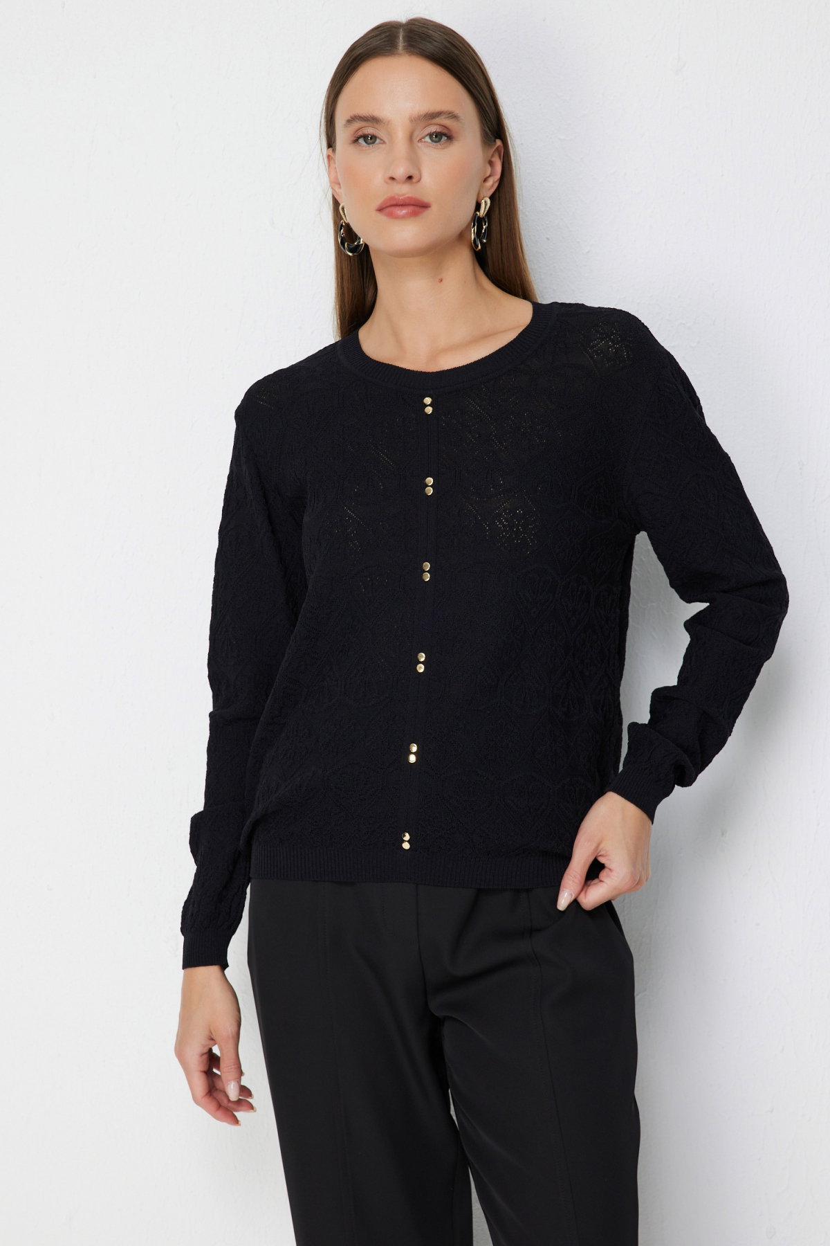 On Kadın Kumaşı Desenli Süs Düğmeli Bluz 73309 Siyah - 2