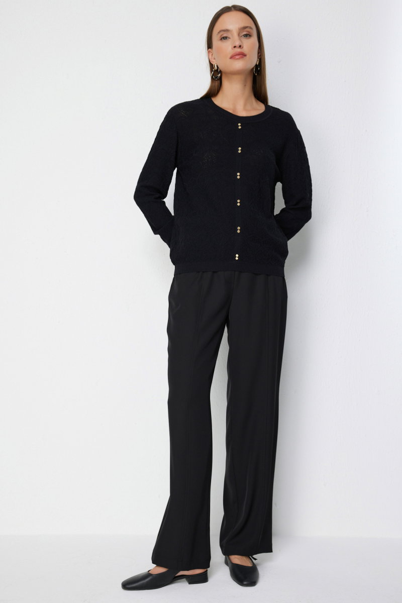 On Kadın Kumaşı Desenli Süs Düğmeli Bluz 73309 Siyah - 3