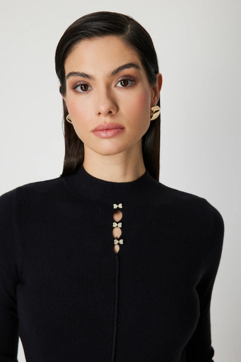 On Kadın Kurdele Aksesuarlı Dantel Detaylı Triko Kazak 60455 Siyah - 2