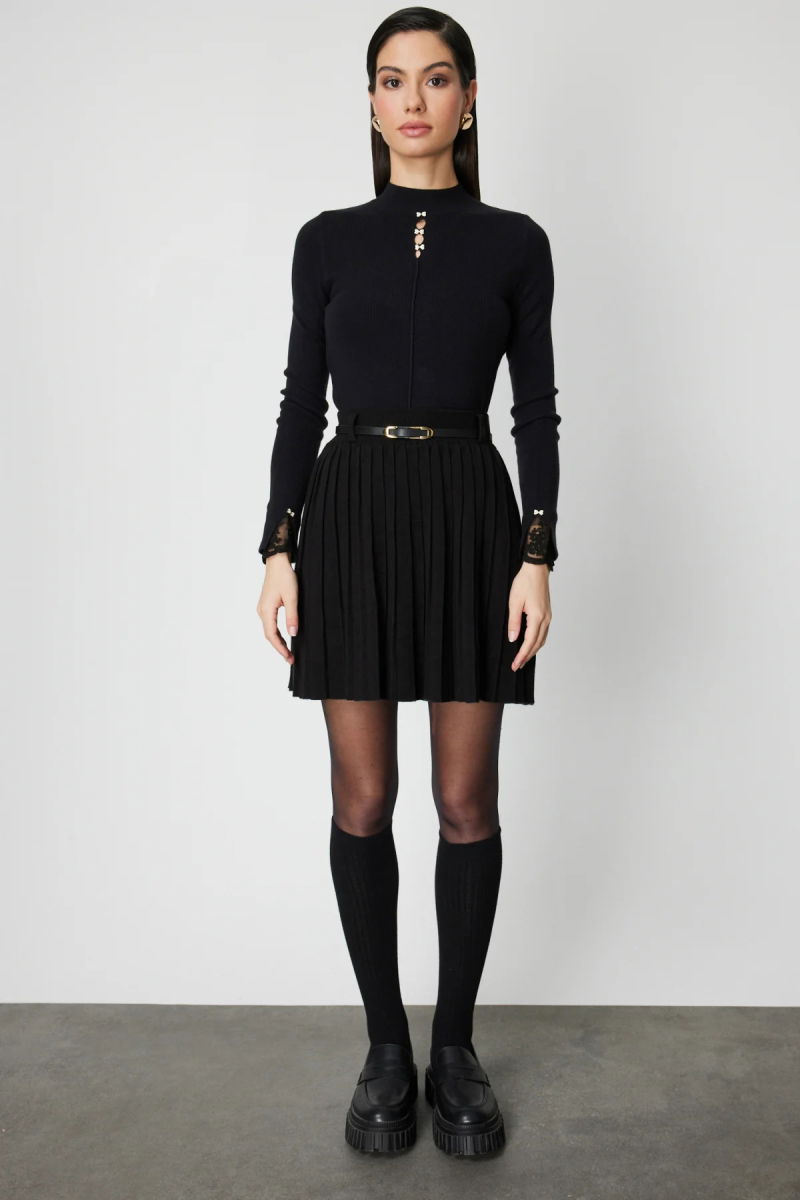 On Kadın Kurdele Aksesuarlı Dantel Detaylı Triko Kazak 60455 Siyah - 3