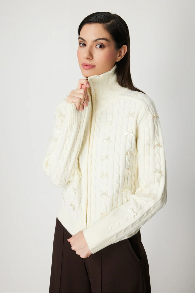 On Kadın Kurdele Detaylı Dik Yaka Hırka 60925 Ekru - On