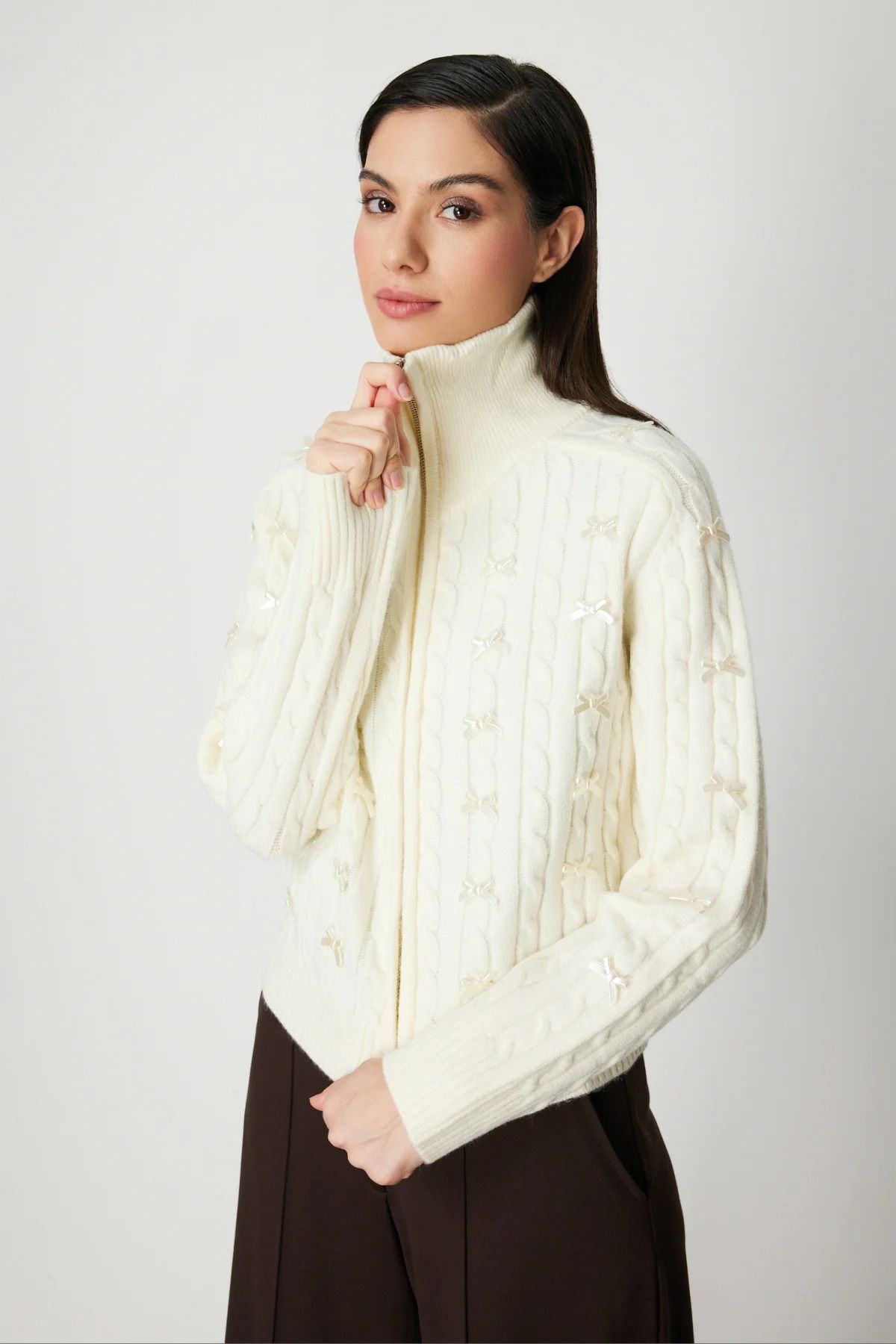 On Kadın Kurdele Detaylı Dik Yaka Hırka 60925 Ekru - 1