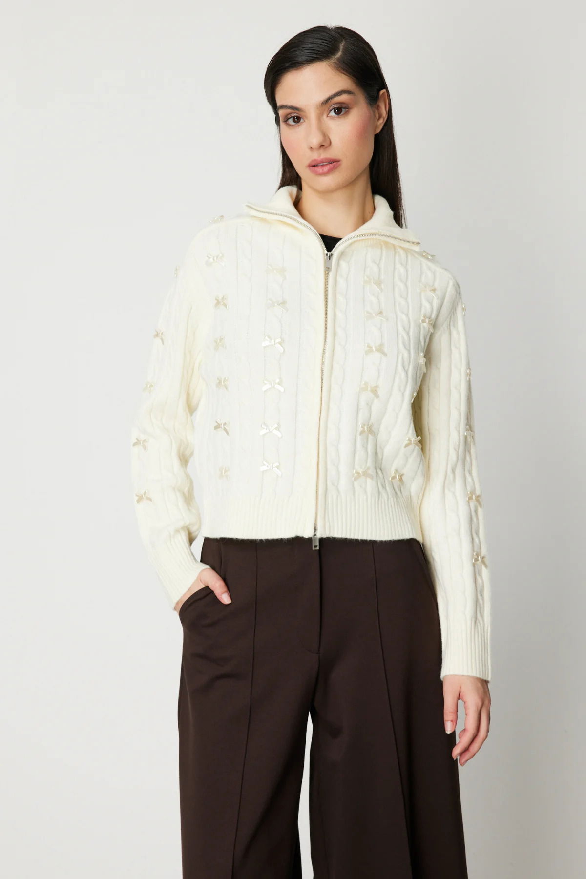 On Kadın Kurdele Detaylı Dik Yaka Hırka 60925 Ekru - 2